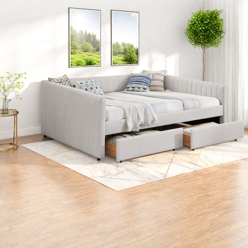 Lit Queen Size avec rangement, méridienne en lin, beige moderne pour la maison