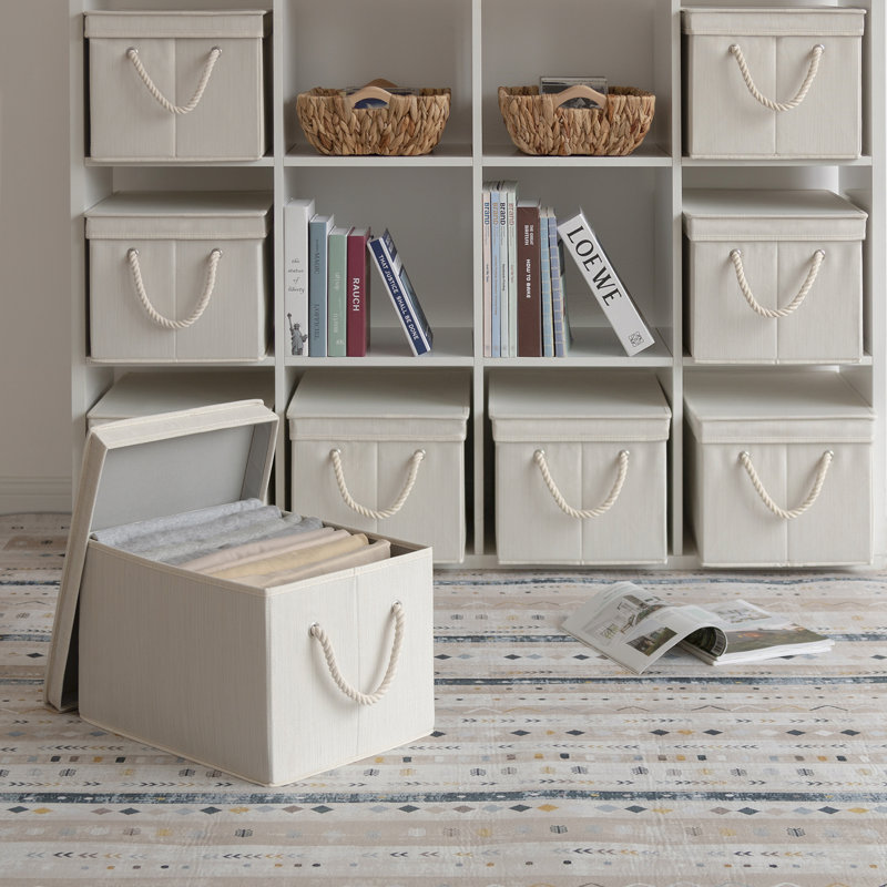 Panier en tissu avec couvercles et poignées, H 10,4 po x l 12,8 po x P 17,1 po, Blanc