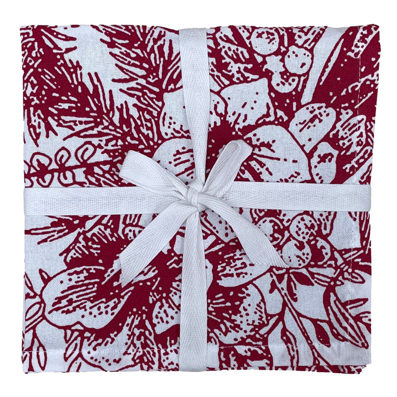 Iyana 100% Cotton Floral Square Napkin, Red/White