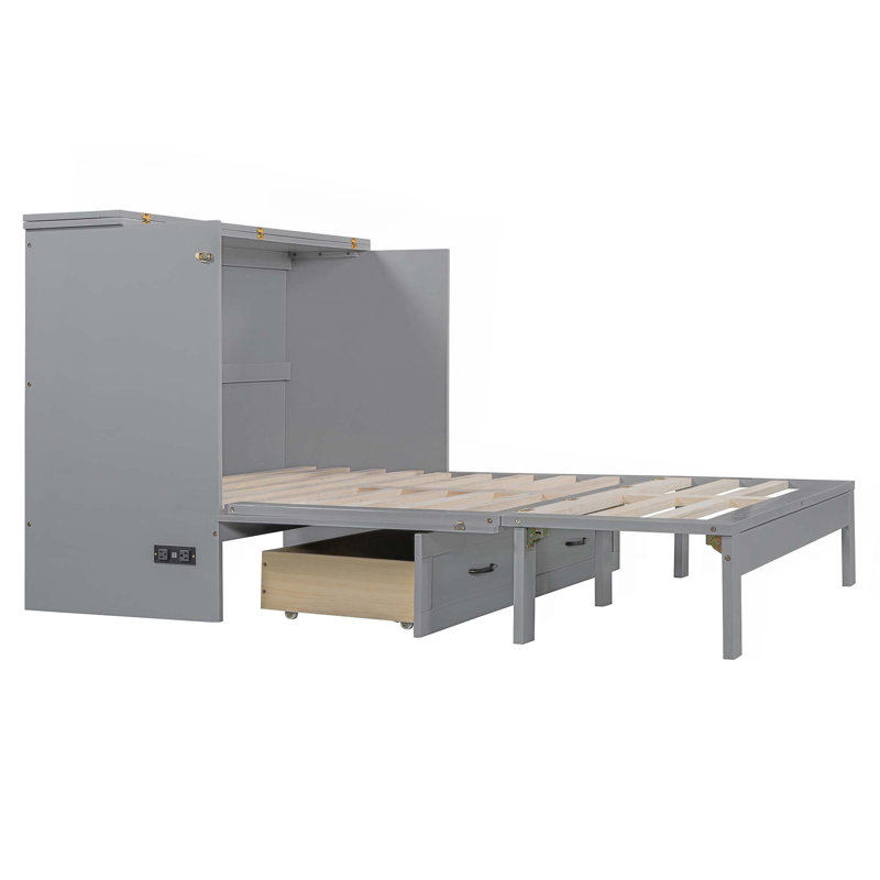 Lit escamotable moderne avec grands tiroirs, Gris, Double