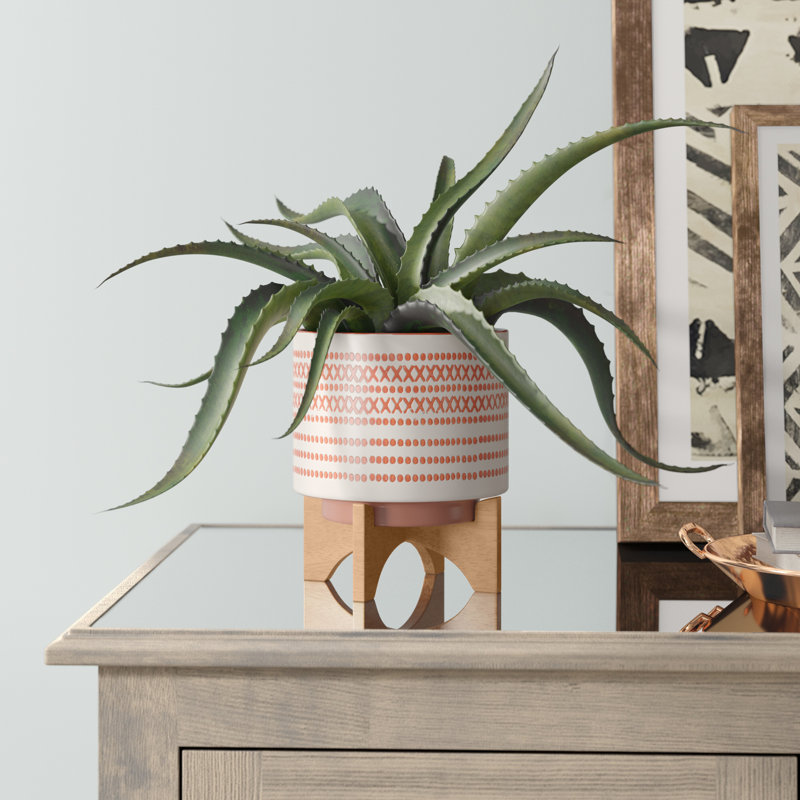 Ceramic Planter for Indoor and Outdoor Use Orange Planter with Aztec Design on Wooden Stand, Red, 9" H x 8" W x 8" D