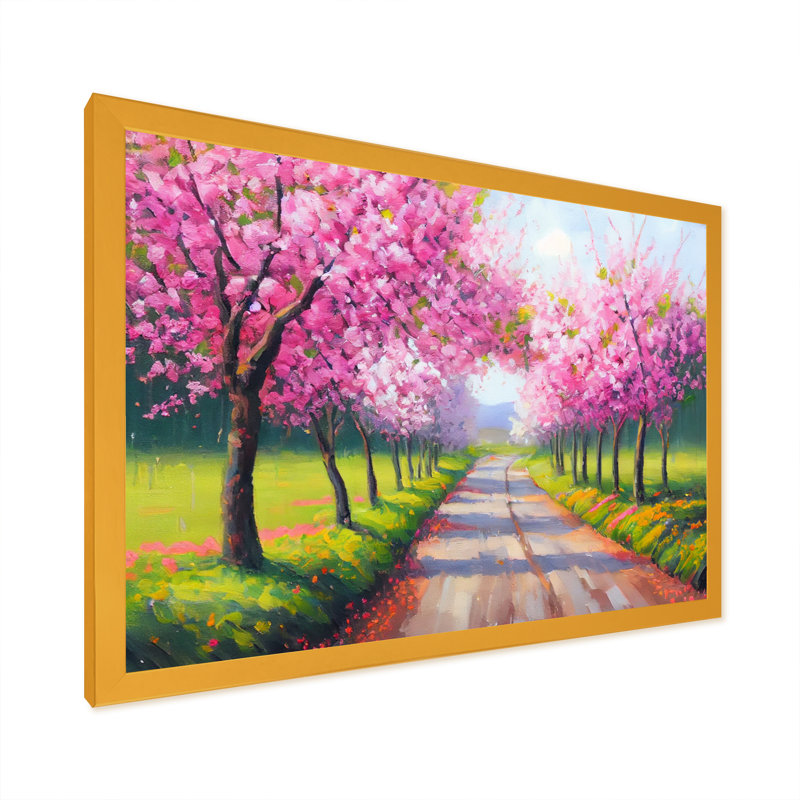 «Countryroad with Pink Blossoming Cherryflowers», reproduction sur toile, L 32 po x H 24 po, Encadrement doré
