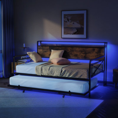 Twin Size Daybed With Trundle Twin, Metal Daybed Frame With Pop-Up Trundle Bed And Charging Station,Day Bed With Wooden Storage Headboard And LED Lights