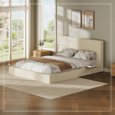 AirFrame Queen Bed Frame with Adjustable Sliding Side Table, 8.7" Cloud Upholstered Corduroy​ Sponge Cushion, Easy Assembly (Cream White)