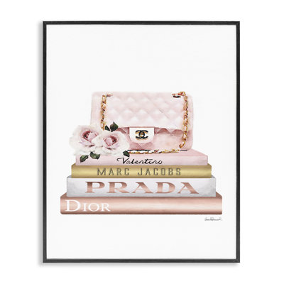 Pink Purse Gold Bookstack Glam Fashion Watercolor Design Oversized Black Framed Giclee Texturized Art by Amanda Greenwood