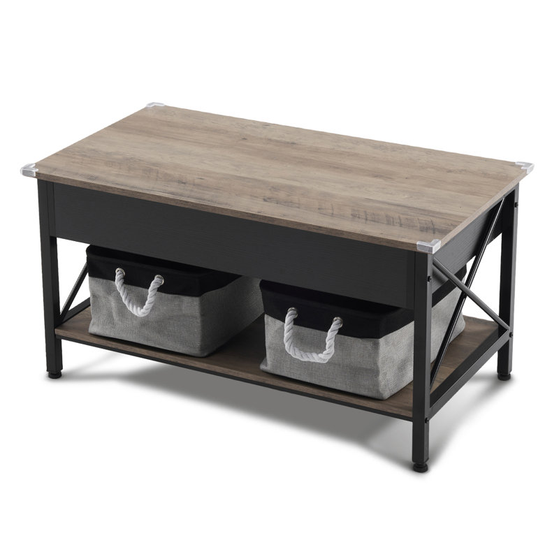 36.02in Adjustable With Crossbar, Black Side X-Shaped Metal Frame, Rectangular, Gray Washboard Coffee Table, Black, Gray