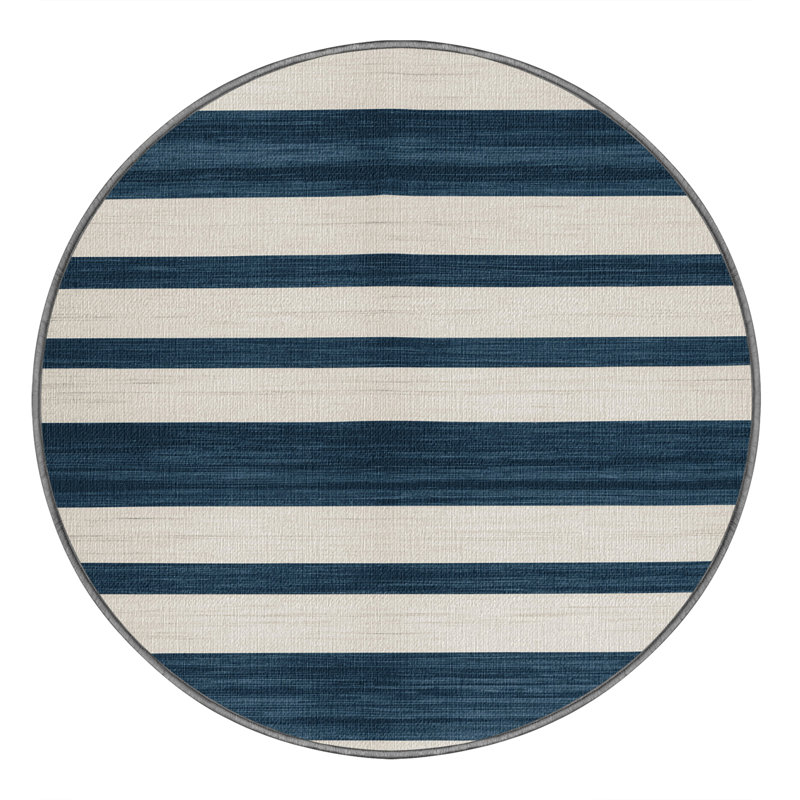 Washable Slate Blue White Striped Area Rug, Round 5'