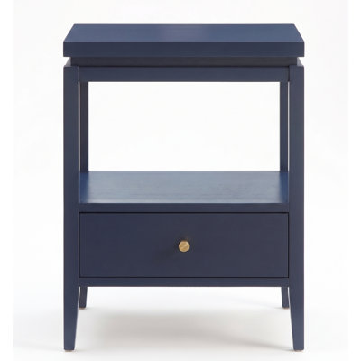 Table de chevet moderne à un tiroir avec tablette ouverte, poignée dorée et pieds fuselés, style milieu du siècle pour chambre à coucher
