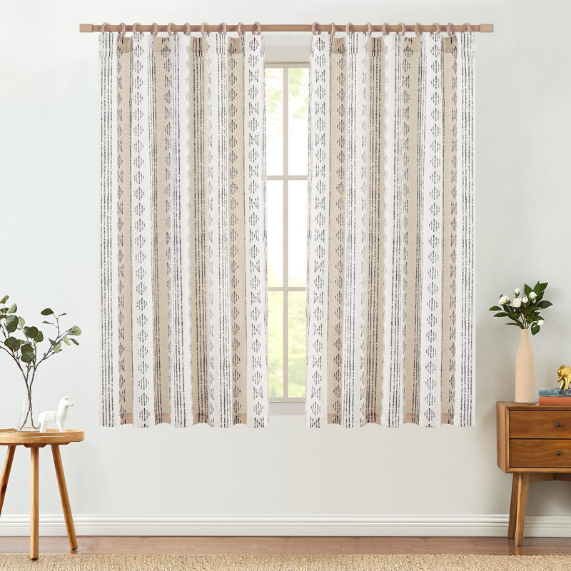 Linen Blend Semi-Sheer Rod Pocket Curtain Pair, Black on Flax, 52" W x 63" L