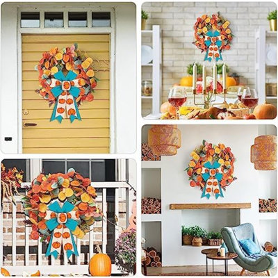 2PCS Fall Wreath Bows, Orange Pumpkin Bows for Wreath Rustic Autumn Farmhouse Blue Bows for Front Door Harvest Bows for Thanksgiving Party Home Indoor Outdoor Décor