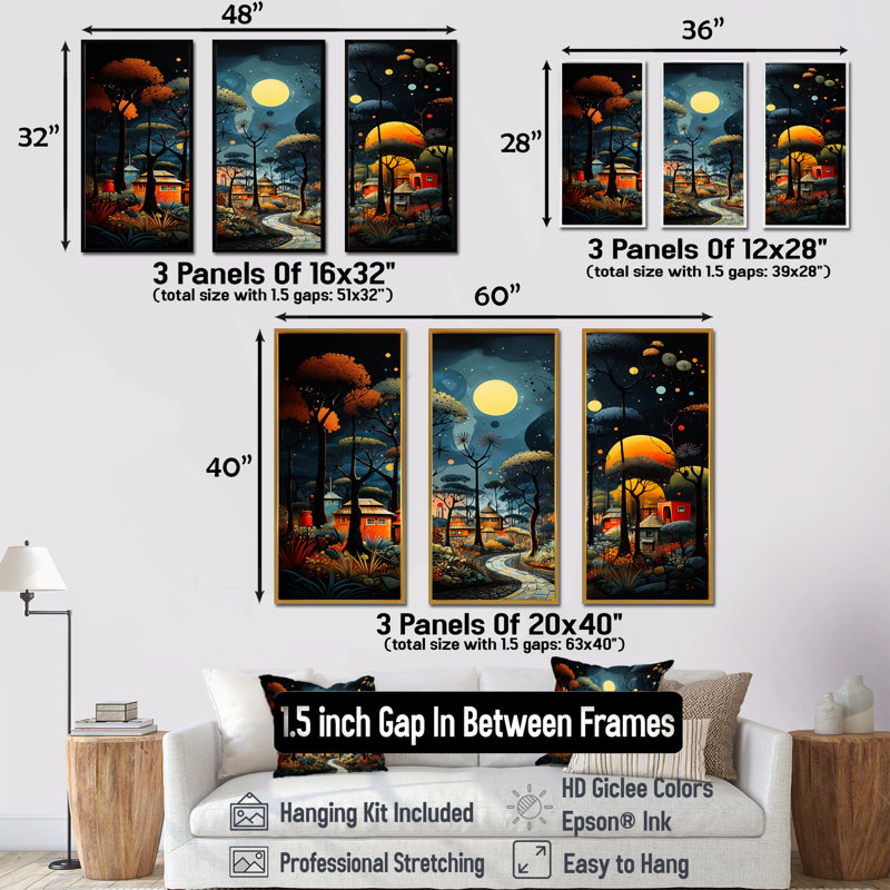 «Yellow African Pygmy Village Chronicles II» - art mural tribal africain, Cadre flottant noir, H 32 po x l 48 po x P 1 po
