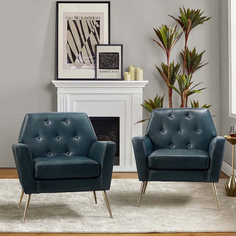 Johan Armchair With Tufted Back, Turquoise Faux Leather