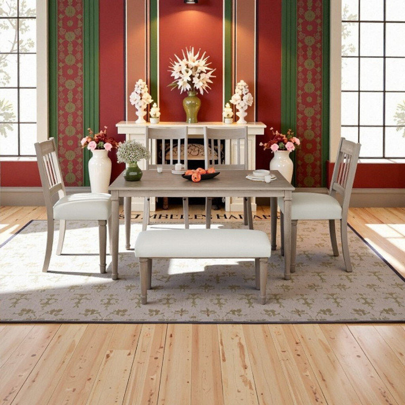 6-Piece Classic Dining Set With Rectangular Table 4 Chairs And Bench, Brown