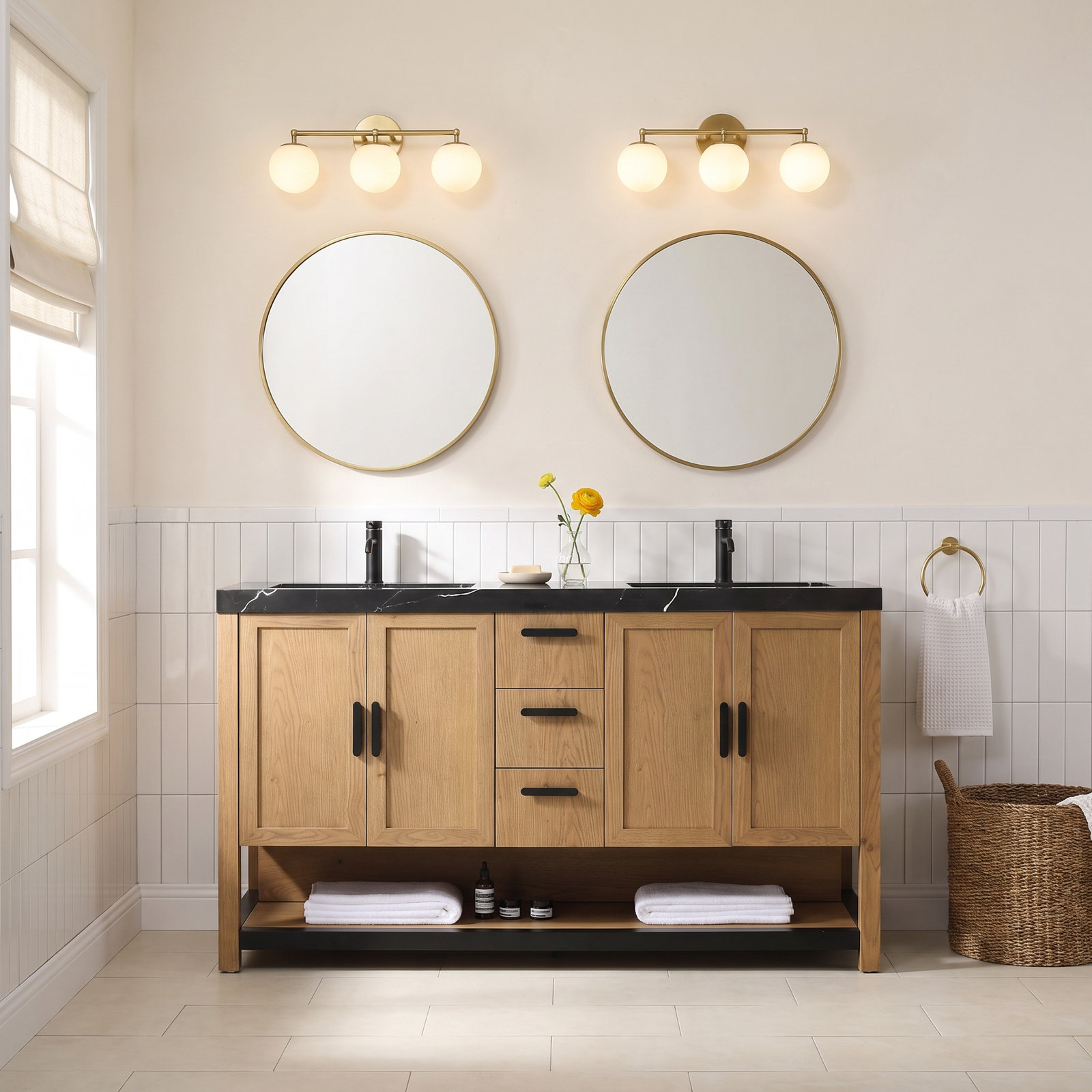 Willard 60" Double Bathroom Vanity, Black, Pecan Oak