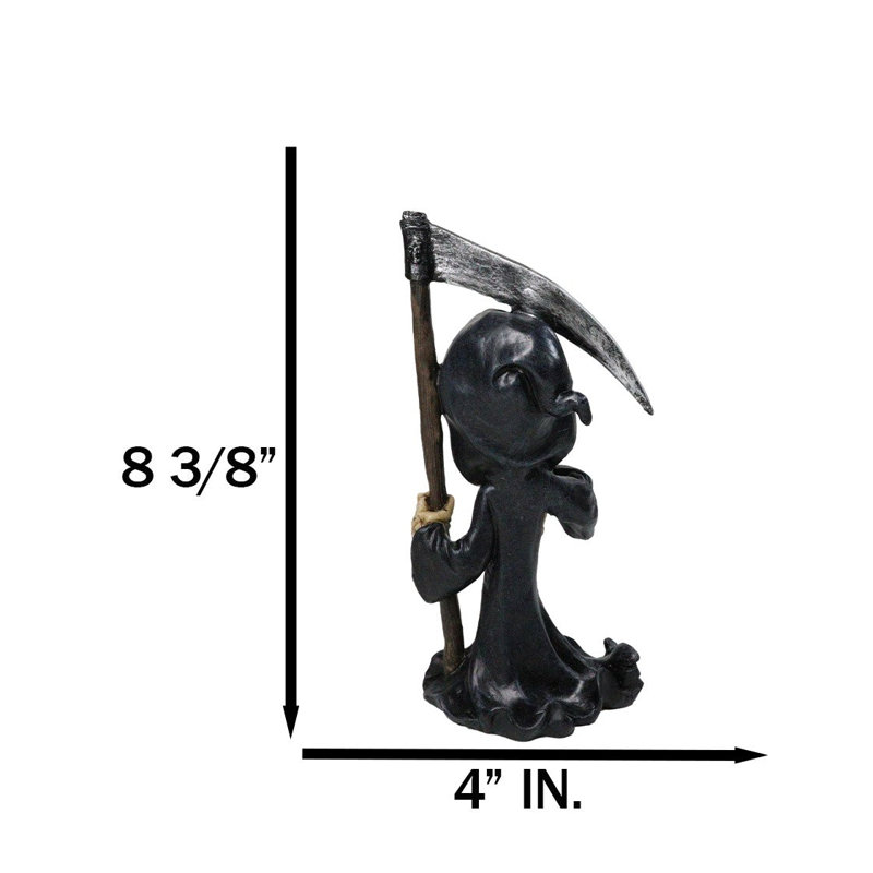 Figurine de la Faucheuse tenant une faux et faisant un geste de pouce vers le bas, squelette gothique