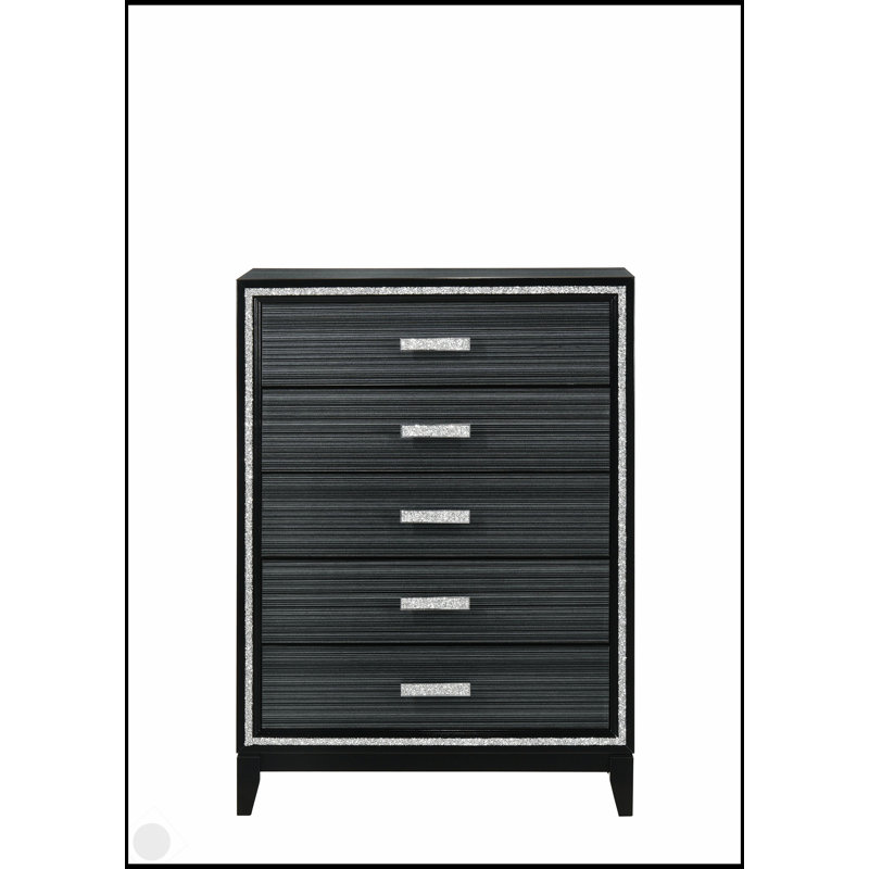 Commode à finition noire vieillie Haiden avec cinq tiroirs spacieux et une fabrication durable, parfaite pour les chambres modernes