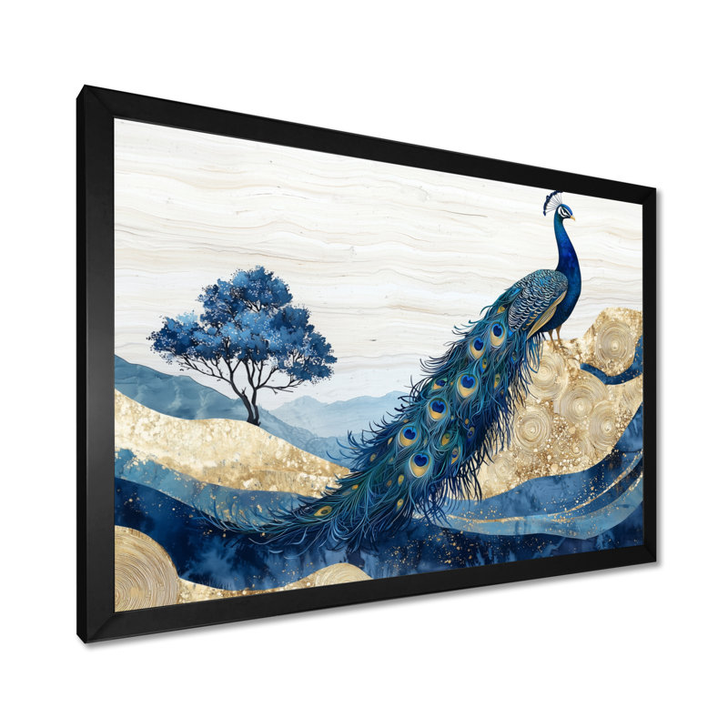 «Hanke Golden Aqua and Agate Peacock Landscape I», art mural paon, Reproduction encadrée d'une seule photo, Noir