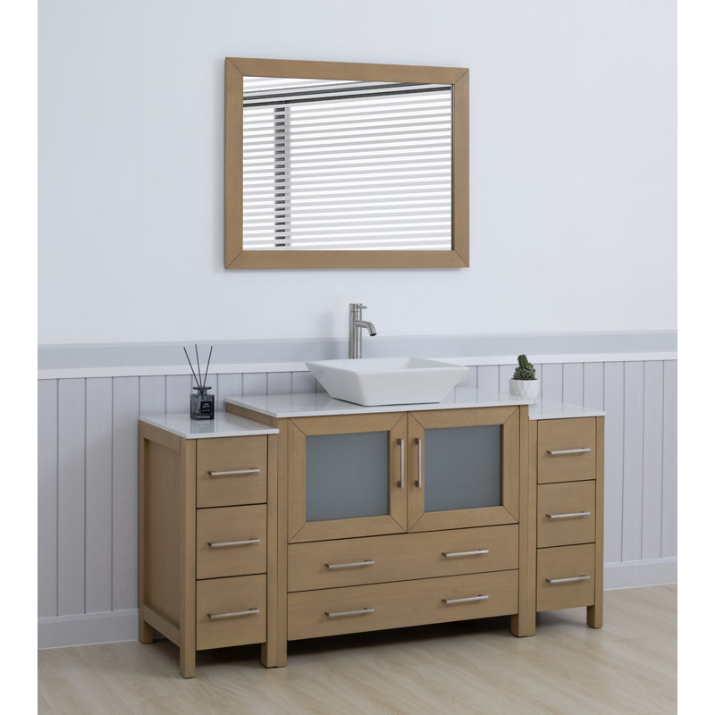 Ravenna 60" Freestanding Single Sink Bathroom Vanity with Engineered Marble Top and Matching Mirror, Natural Oak
