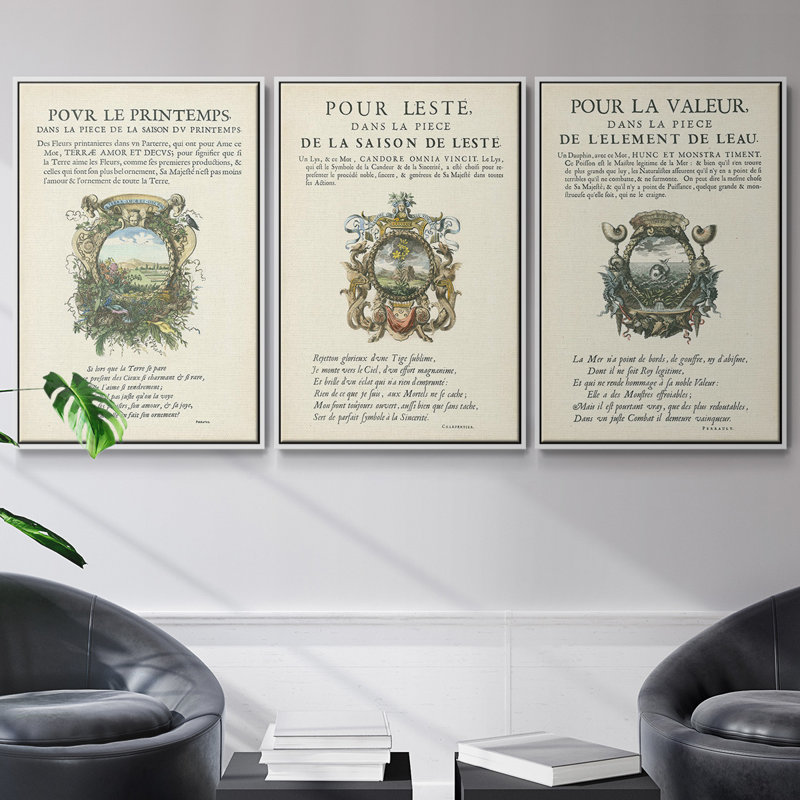 Ensemble de 3 ex-libris imprimés sur toile encadrée V, Blanc, H 36 po x l 72 po