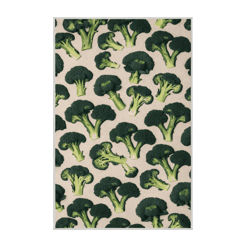 Tapis lavable avec fleurs et broccoli, Rectangulaire 7 pi x 10 pi