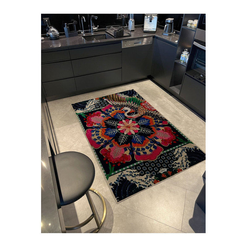 Tapis multicolore à motifs floraux mixtes et motif d'oie rétro lavable à la machine, Rectangle 3 pi 3 po x 4 pi 11 po