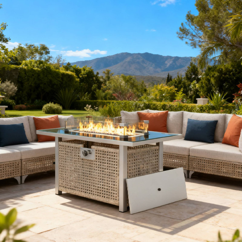 43" Propane Fire Pit Table 60000 BTU Rectangular Open Weave Wicker Glass Wind Guard Outdoor, Gray