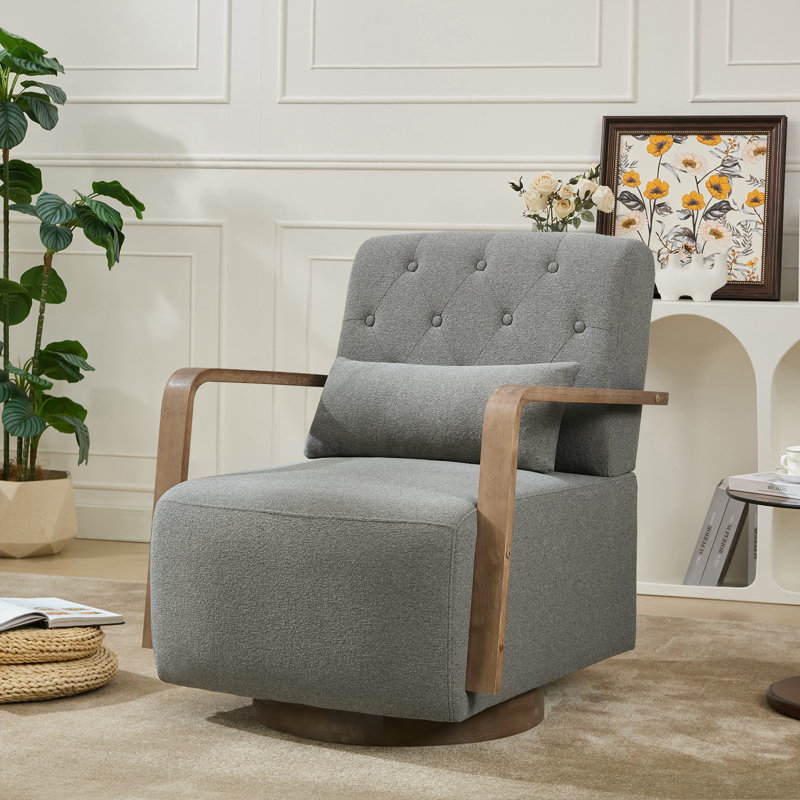 Solid Wood Upholstered Swivel Armchair, Dark Gray