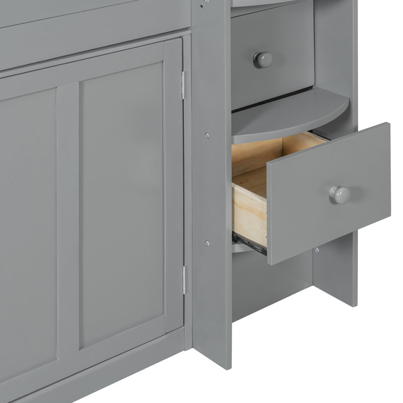 Twin Size Wooden Loft Bed With Desk, Drawers,Cabinets,Gray, Gray