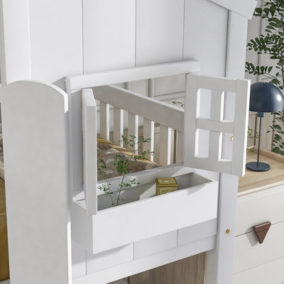 Twin Over Twin House Bunk Bed With Roof , Window, Window  Box, Door , With Safety Guardrails And Ladder