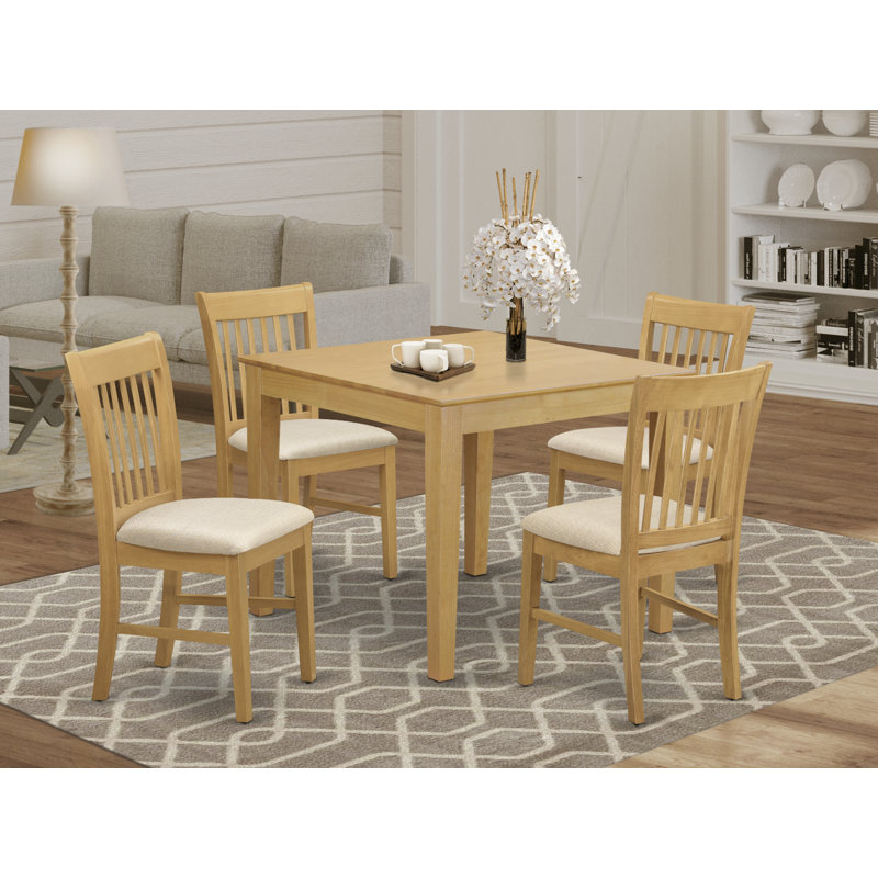 Ensemble de table à manger 5 pièces pour 4 personnes comprenant une table de salle à manger carrée et 4 chaises de salle à manger en tissu de lin, chêne