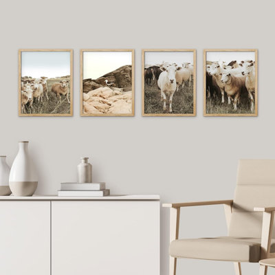 " Framed Pastoral Sheep Lamb Farm Set Of 4 Animal Countryside Farm Landscape Wall Decor Prints " 4 - Pieces