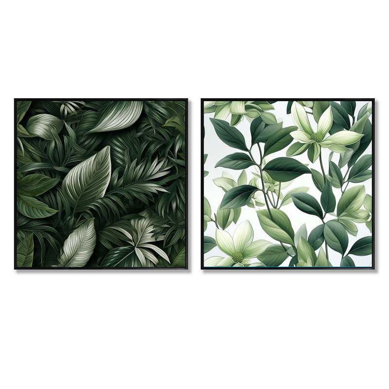 Mirjam - Ensemble de 2 collages carrés tropicaux, Cadre flottant noir, H 36 po x l 73 po