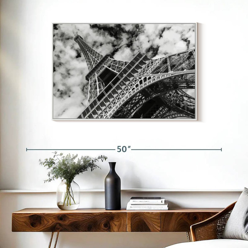 Eiffel Tower Cloudscape, Floating Frame White, 37" X 25"