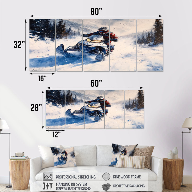 Motoneige bleue Hillcross accentuée de blanc II - ensemble d'art mural sport d'hiver, H 32 po x l 80 po