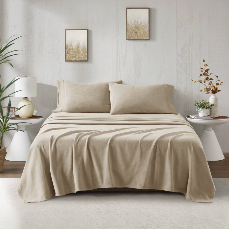 Micro Fleece Sheet Set, Twin Sheet Set with 1 Pillowcase, Khaki
