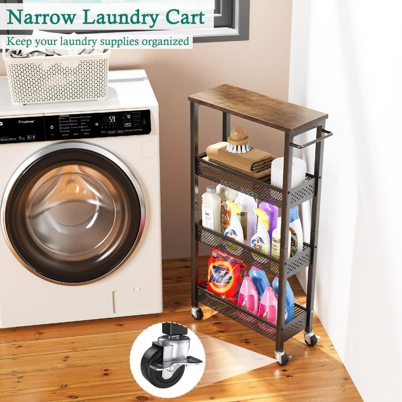 Slim Rolling Storage Cart With Wooden Top For Small Spaces (Maximize Kitchen Organization And Style)
