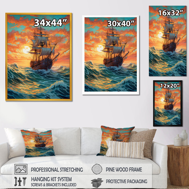 «Brown Ship On The Seas I», reproduction d'art sur toile, Cadre photo noir, H 20 po x l 12 po x P 1 po