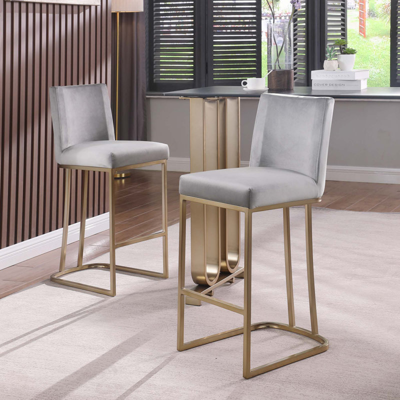 Woker Furniture Bar Stools Set of 2 Counter Height 26" Bar Stools with Back, Gold Brushed Barstools Modern Velvet Fabric Kitchen Stools for Counter Pub, Upholstered Dining Chairs