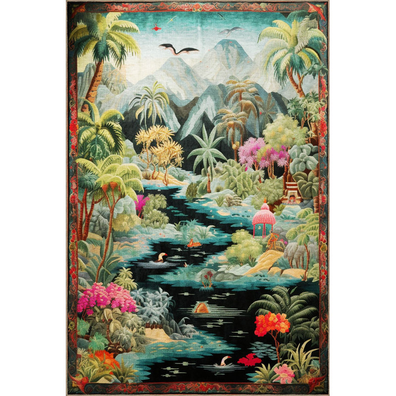 Tapis lavable multicolore à motif de forêt tropicale lavable de la collection Dido