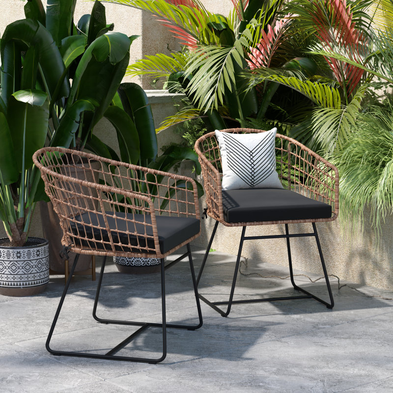 Clavens Indoor/Outdoor Boho Rattan Rope Club Chairs with Seat Cushions, Black