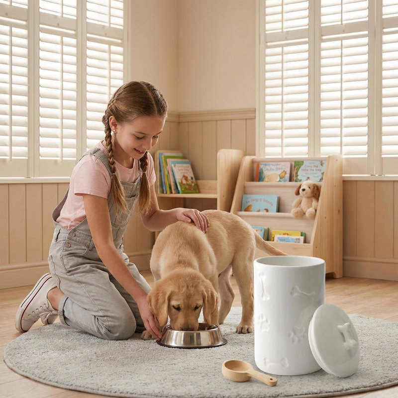 Grand pot à friandises pour chien en céramique, 9 po x 5 po, hermétique avec couvercle, blanc, style maison de campagne, pour comptoir de cuisine, chiens, chats et animaux de compagnie
