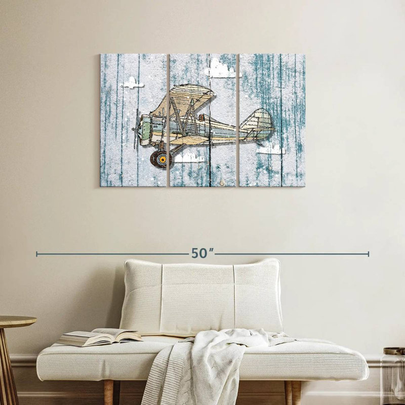 Caricature d'un avion rustique - impression sur toile tendue 3 pièces, H 24 po x l 38 po x P 1,25 po
