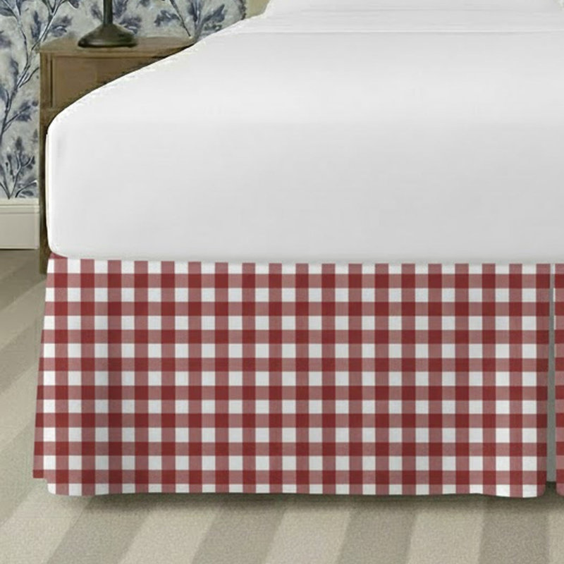 Gingham Pattern Tailored Bed Skirt 15" Drop Length, Burgundy, California King