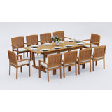 10 Seats 11 Pcs Grade-A Teak Wood Dining Set: 94" Double Extension Mas Rectangle Trestle Leg  Table And 10 Wave Stacking Arm Chairs #11WV2110