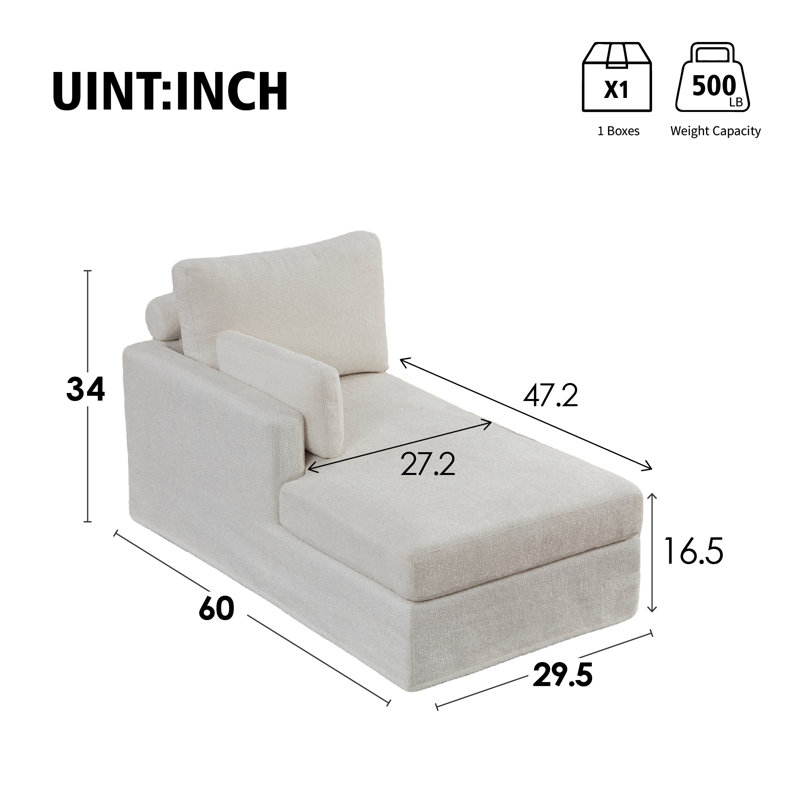 Chaise longue rembourrée L 60 po, Orienté à gauche (vu de face), Ivoire ivoire