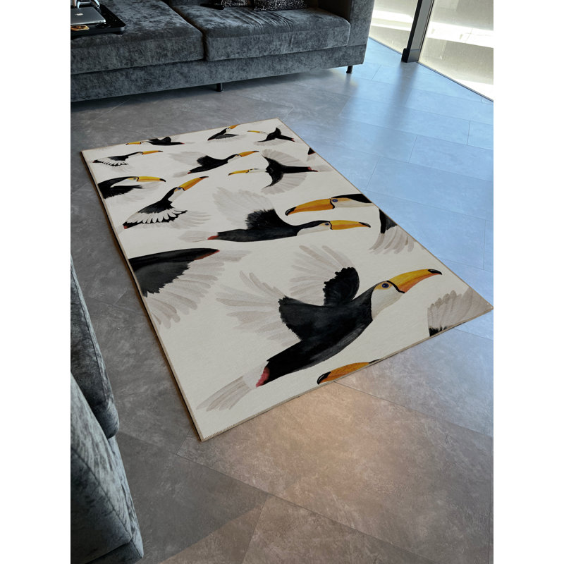 Tapis décoratif moderne à motif de vol d'oiseau touffeté à thème beige, Rectangle 4 pi 11,06 po x 9 pi 10,11 po
