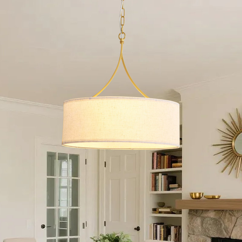 Lustre en tissu à intensité variable dorée 3 lumières 19,6 po, hauteur réglable pour îlot de cuisine et de salle à manger