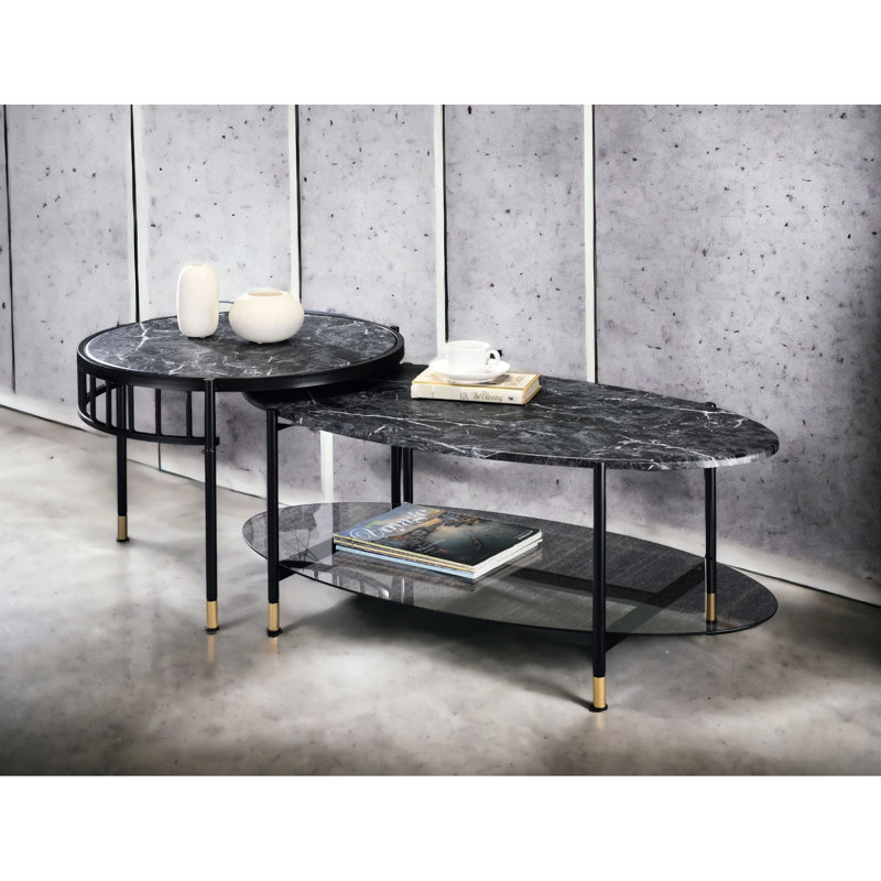 Compact Nesting Tables With Functionality And Black Finish Sleek Metal Engineered Stone Surfaces