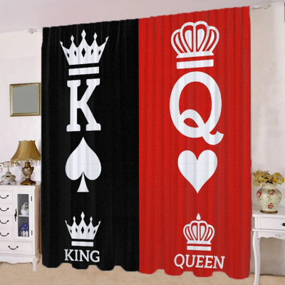 2Pcs Playing Cards King Queen Pattern Curtains, Poker Style Red Black  Light Filtering Curtain For living bedroom Kitchen Rod Pocket Window Drapes
