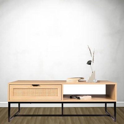 Meuble télé en bois naturel de style bord de mer avec rangement, tiroir et allure contemporaine, meuble américain moderne de 47 po de long, tiroir pour médias essentiels, 17 décorations intérieures